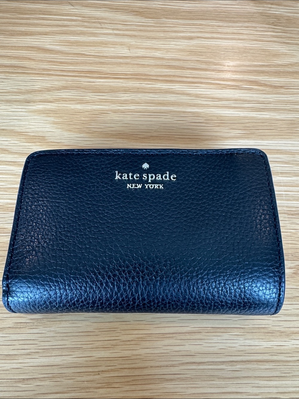 kate spade Black Pebbled Leather Card Wallet with Gold Logo